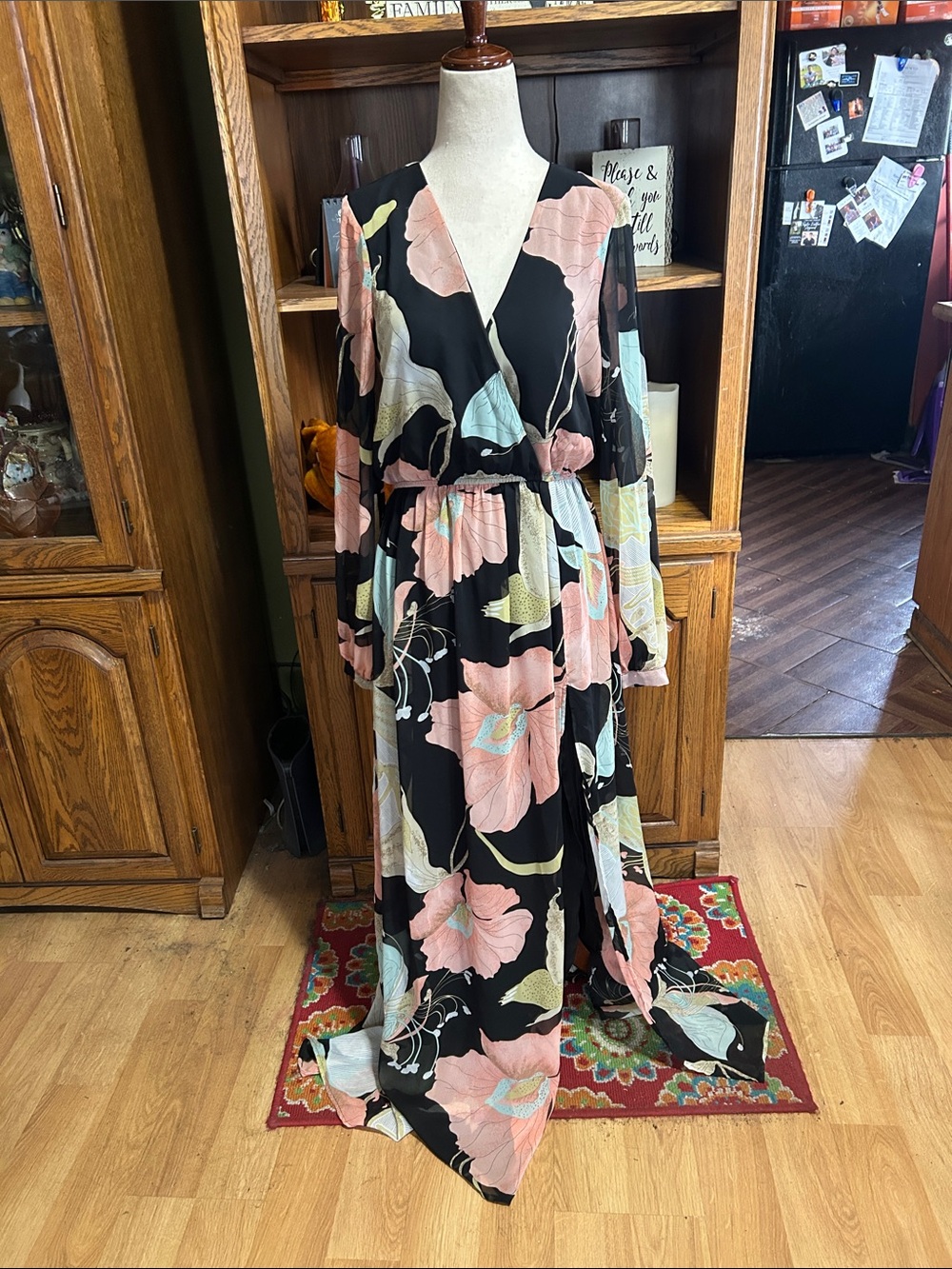 Lulu's Black Maxi Dress with Pink and Light Blue Floral Print Medium EUC